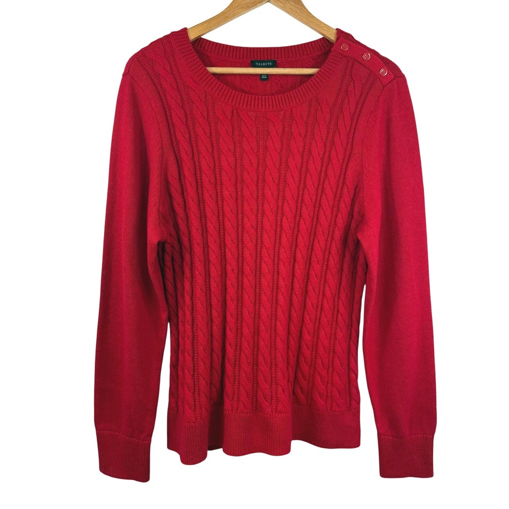 Talbots Cable Knit Sweater Red Cotton Blend Crewneck Preppy Classic Holiday L